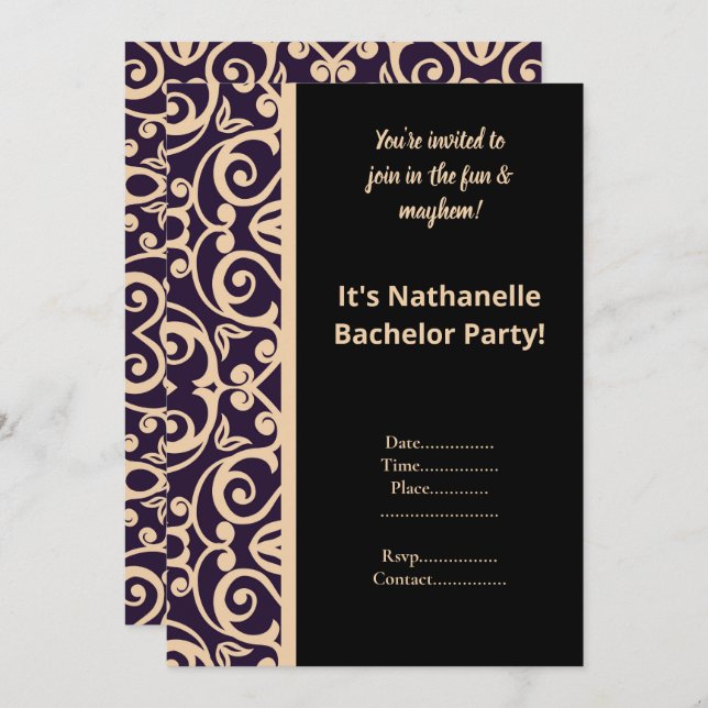 BLACK PEACH  WHITE PATTERN BACHELOR PARTY INVITE (Front/Back)