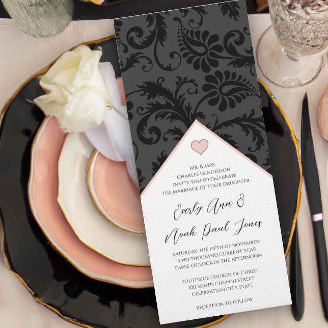 Black Peachy Pink Damask Swirls Wedding Invitation (Creator Uploaded)