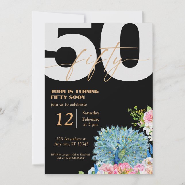 Black Peacock 50th Birthday Invitations  (Front)