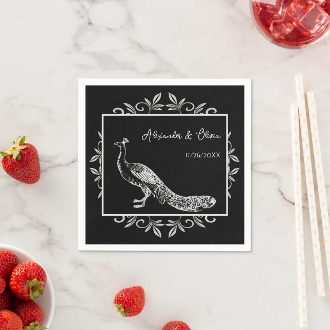 Black Peacock Flourish Bridal Shower Napkins (Insitu)