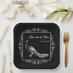 Black Peacock Flourish Wedding Shower Paper Plates
