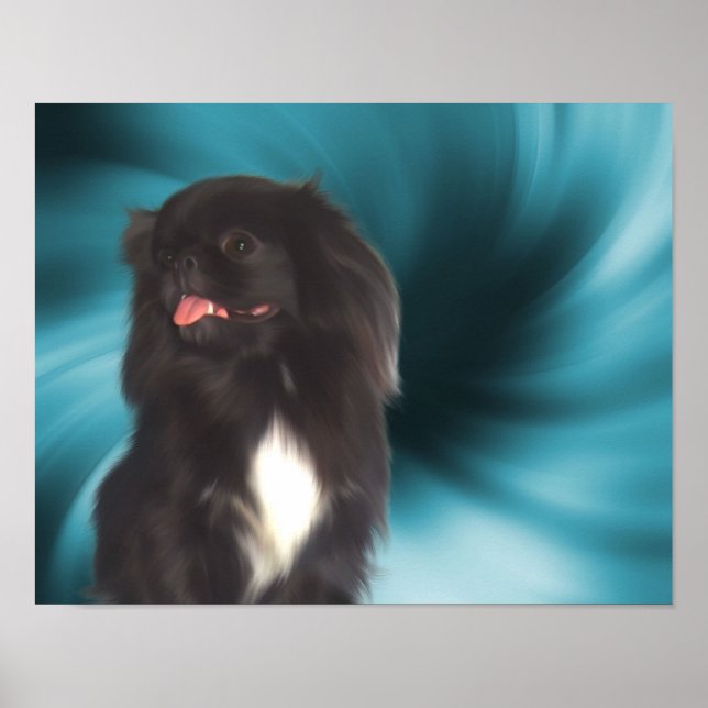 Black Pekingese Blue Swirls Dog Art Poster (Front)