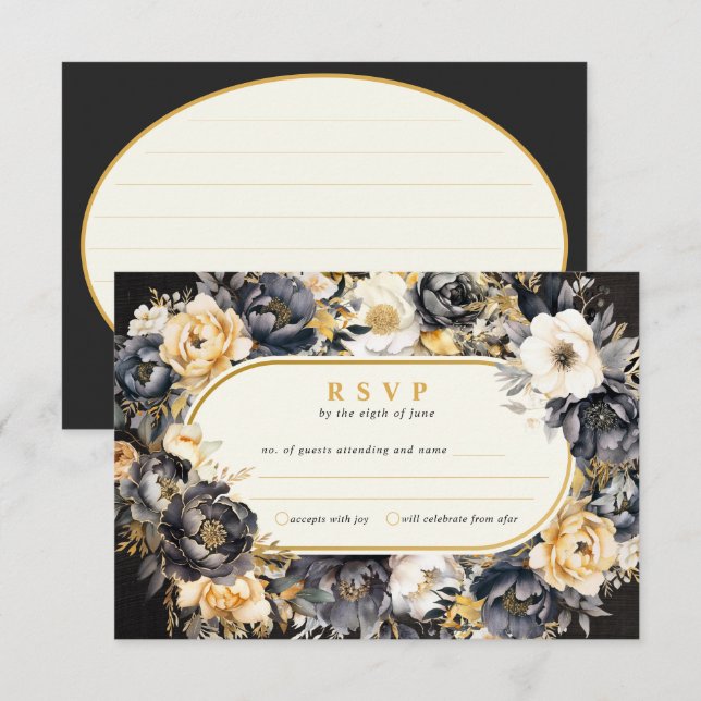 Black Peonies Boarder RSVP Wedding Response Card (Front/Back)