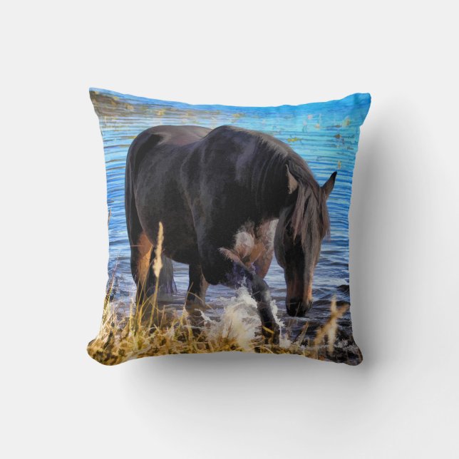 Black Percheron Horse and Lake Artwork Throw Pillow (Front)