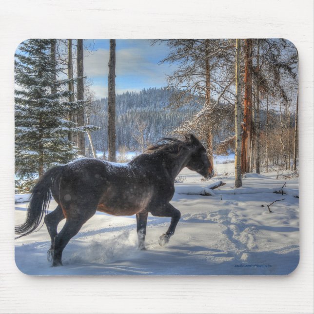 Black Percheron in Forest and First Winter Snow Mouse Pad (Front)