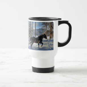 Black Percheron in Winter Snow & Forest Travel Mug