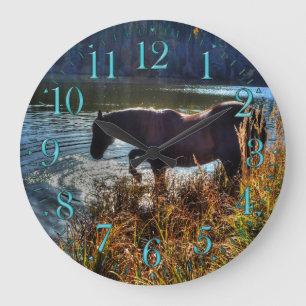 Black Percheron Stallion Playing at Lake's Edge Large Clock