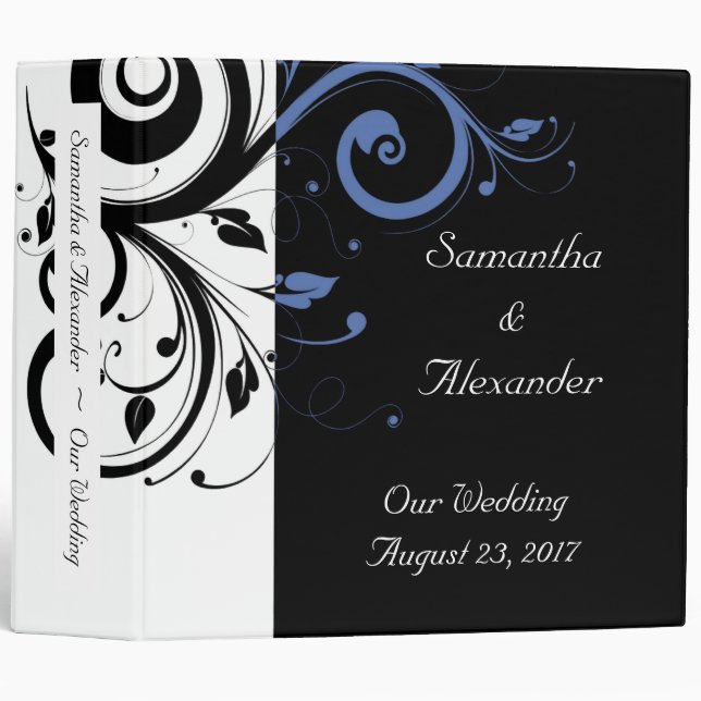 Black Periwinkle Cornflower Blue Floral Wedding Binder (Front/Spine)