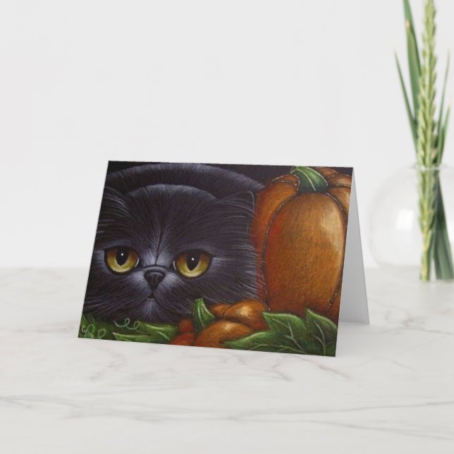 BLACK PERSIAN CAT HALLOWEEN PUMPKINS Card (Front)