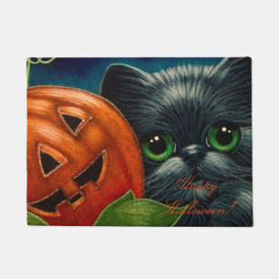 BLACK PERSIAN CAT WITH PUMPKING HALLOWEEN DOOR MAT
