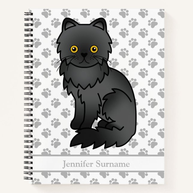 Black Persian Cute Cartoon Cat & Custom Text Notebook (Front)