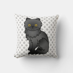 Black Persian Cute Cartoon Cat & Paws Throw Pillow