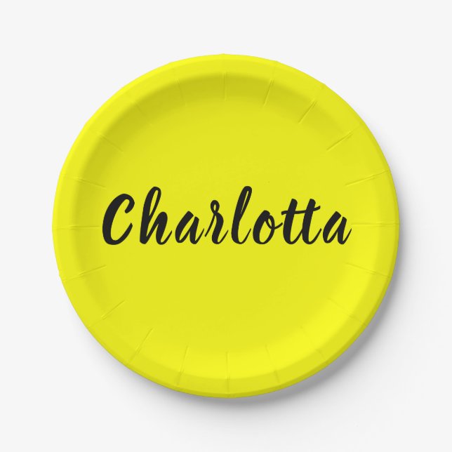 Black Personalize Name | Neon Yellow Colour Paper Plate (Front)