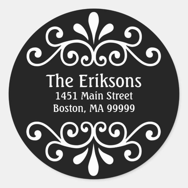 Black Personalized Address Scroll Classic Round Sticker (Front)