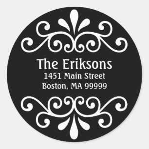 Black Personalized Address Scroll Classic Round Sticker