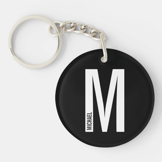 Black Personalized Bold Monogram and Name Keychain (Front)