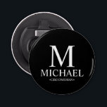 Black Personalized Groomsman Name and Monogram Bottle Opener<br><div class="desc">Modern Black and White Personalized Groomsman Gifts
featuring personalized monogram,  groomsman's name and title in white classic serif font style on black background.

Also perfect for Best Man,  Father of the Bride and more.</div>