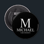 Black Personalized Groomsman Name and Monogram Bottle Opener<br><div class="desc">Modern Black and White Personalized Groomsman Gifts
featuring personalized monogram,  groomsman's name and title in white classic serif font style on black background.

Also perfect for Best Man,  Father of the Bride and more.</div>