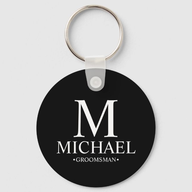 Black Personalized Groomsman Name and Monogram Keychain (Front)