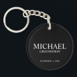 Black Personalized Groomsman's Name and Monogram Keychain<br><div class="desc">Modern Personalized Groomsman Gifts
featuring personalized groomsman's name,  title and wedding date in white classic serif font style on black background.

Also perfect for Best Man,  Father of the Bride and more.</div>