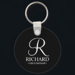 Black Personalized Groomsman's Name and Monogram Keychain<br><div class="desc">Elegant Black and White Personalized Groomsman Gifts
featuring personalized monogram in white elegant script font style with groomsman's name and title in classic serif font style on black background.

Also perfect for best man,  father of the bride,  bridesmaid,  maid of honour,  flower girl,  mother of the bride and more.</div>