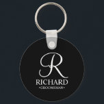 Black Personalized Groomsman's Name and Monogram Keychain<br><div class="desc">Elegant Black and White Personalized Groomsman Gifts
featuring personalized monogram in white elegant script font style with groomsman's name and title in classic serif font style on black background.

Also perfect for best man,  father of the bride,  bridesmaid,  maid of honour,  flower girl,  mother of the bride and more.</div>