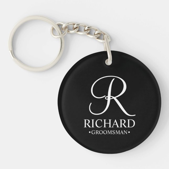 Black Personalized Groomsman's Name and Monogram Keychain (Front)