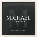 Black Personalized Groomsmen Glass Coaster<br><div class="desc">Add a personal touch to your wedding with personalized groomsmen glass coaster. This coaster features personalized groomsman's name with title and wedding date in white and monogram in grey as background, in classic serif font style, on black background. Also perfect for best man, father of the bride, ring bearer and...</div>