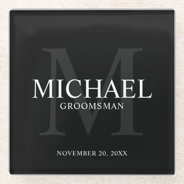Black Personalized Groomsmen Glass Coaster (Front)