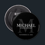 Black Personalized Groomsmen's name and monogram Bottle Opener<br><div class="desc">Add a personal touch to your wedding with personalized groomsmen bottle opener. This bottle opener features personalized groomsman's name with title and wedding date in white and monogram in grey as background, in classic serif font style, on black background. Also perfect for best man, father of the bride, ring bearer...</div>
