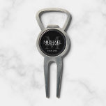 Black Personalized Groomsmen's name and monogram Divot Tool<br><div class="desc">Add a personal touch to your wedding with personalized groomsmen divot tool. This divot tool features personalized groomsman's name with title and wedding date in white and monogram in grey as background, in classic serif font style, on black background. Also perfect for best man, father of the bride, ring bearer...</div>