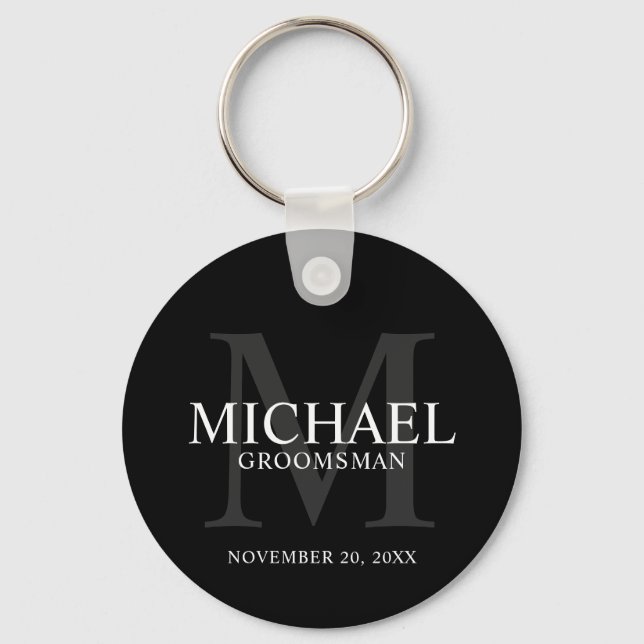 Black Personalized Groomsmen's name and monogram Keychain (Front)