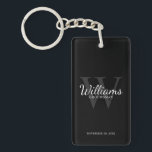 Black Personalized Groomsmen's name and Monogram  Keychain<br><div class="desc">Add a personal touch to your wedding with personalized groomsmen keychain. This keychain features personalized groomsman's name in white classic script font style with wedding details in white classic serif font style and monogram in grey classic serif font style as background, on black background. Also perfect for best man, father...</div>