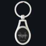 Black Personalized Groomsmen's name and monogram Keychain<br><div class="desc">Add a personal touch to your wedding with personalized groomsmen keychain. This keychain features personalized groomsman's name with title and wedding date in white and monogram in grey as background, in classic serif font style, on black background. Also perfect for best man, father of the bride, ring bearer and more....</div>