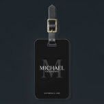 Black Personalized Groomsmen's name and monogram Luggage Tag<br><div class="desc">Add a personal touch to your wedding with personalized groomsmen luggage tag. This luggage tag features personalized groomsman's name with title and wedding date in white and monogram in grey as background, in classic serif font style, on black background. Also perfect for best man, father of the bride, ring bearer...</div>