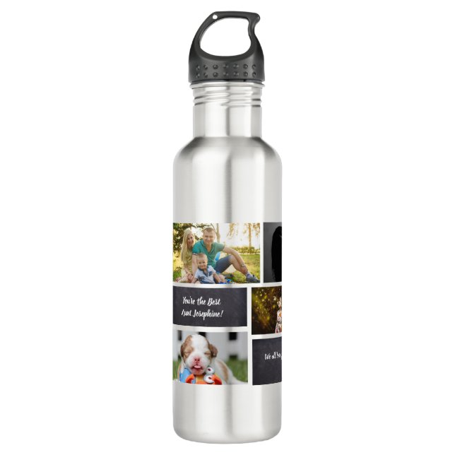 Black Personalized Modern Photo Collage auntie 710 Ml Water Bottle (Front)