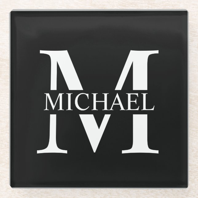 Black Personalized Monogram and Name Glass Coaster (Front)