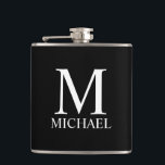Black Personalized Monogram and Name Hip Flask<br><div class="desc">Personalized Monogram and Name Gift
features personalized monogram and name in white classic serif font style on black background.

Perfect as holiday gift,  father's day gift,  family reunion favours,  thank you gift for groomsmen and gift for any special occasions.</div>