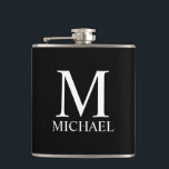 Black Personalized Monogram and Name Hip Flask<br><div class="desc">Personalized Monogram and Name Gift
features personalized monogram and name in white classic serif font style on black background.

Perfect as holiday gift,  father's day gift,  family reunion favours,  thank you gift for groomsmen and gift for any special occasions.</div>