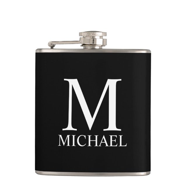 Black Personalized Monogram and Name Hip Flask (Front)