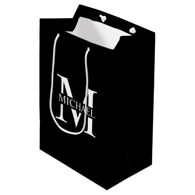 Black Personalized Monogram and Name Medium Gift Bag (Front Angled)