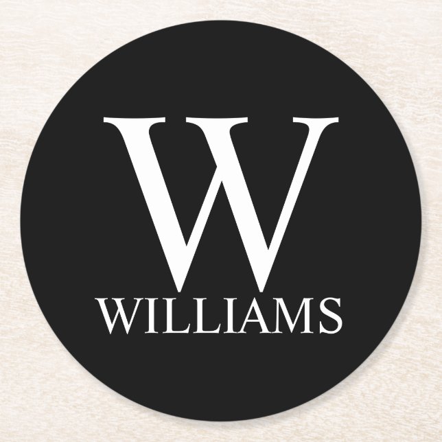 Black Personalized Monogram and Name Round Paper Coaster (Front)