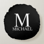 Black Personalized Monogram and Name Round Pillow<br><div class="desc">Personalized Monogram and Name Gift
features personalized monogram and name in white classic serif font style on black background.

Perfect as holiday gift,  family reunion favours,  housewarming gift,  wedding gift and gift for any special occasions.</div>