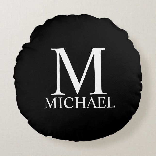 Black Personalized Monogram and Name Round Pillow (Front)