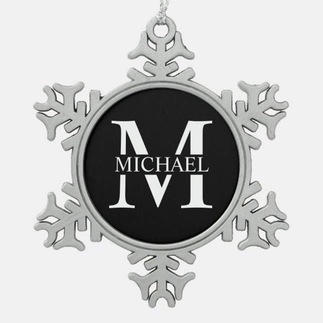 Black Personalized Monogram and Name Snowflake Pewter Christmas Ornament (Front)