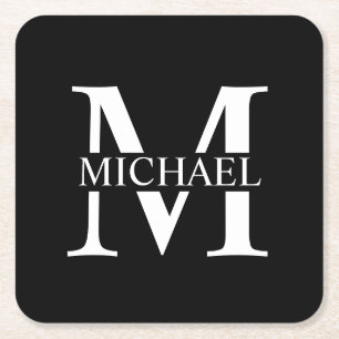 Black Personalized Monogram and Name Square Paper Coaster