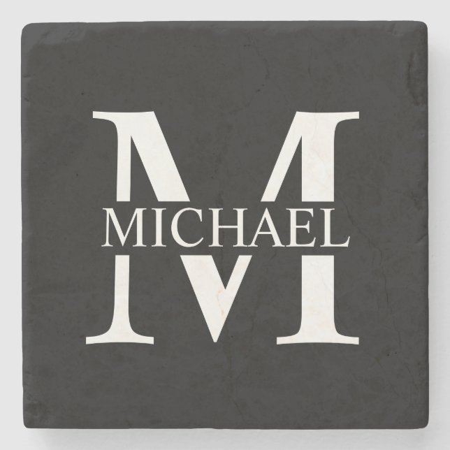 Black Personalized Monogram and Name Stone Coaster (Front)