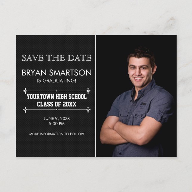 Black Personalized Photo Graduation Save the Date Postcard (Front)