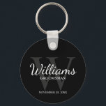 Black Personalized Script Groomsmen name&Monogram Keychain<br><div class="desc">Add a personal touch to your wedding with personalized groomsmen keychain. This keychain features personalized groomsman's name in white classic script font style with wedding details in white classic serif font style and monogram in grey classic serif font style as background, on black background. Also perfect for best man, father...</div>