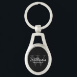 Black Personalized Script Groomsmen Name&Monogram Keychain<br><div class="desc">Add a personal touch to your wedding with personalized groomsmen keychain. This keychain features personalized groomsman's name in white classic script font style with wedding details in white classic serif font style and monogram in grey classic serif font style as background, on black background. Also perfect for best man, father...</div>